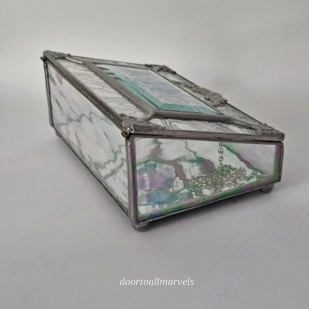 VTG Hand Painted Iridescent Glass Case Jewelry Box Signed Ingles '94 Art Nouveau